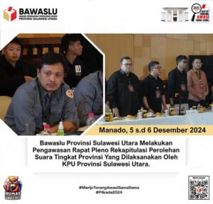 Bawaslu Sulut Lakukan Pengawasan Ketat Pleno Hasil Perolehan Suara Pigub 2024